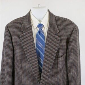 PBM Tweed Wool Black Gray Brown Blue Orange‎ Check Leather Button Sport Coat 42R
